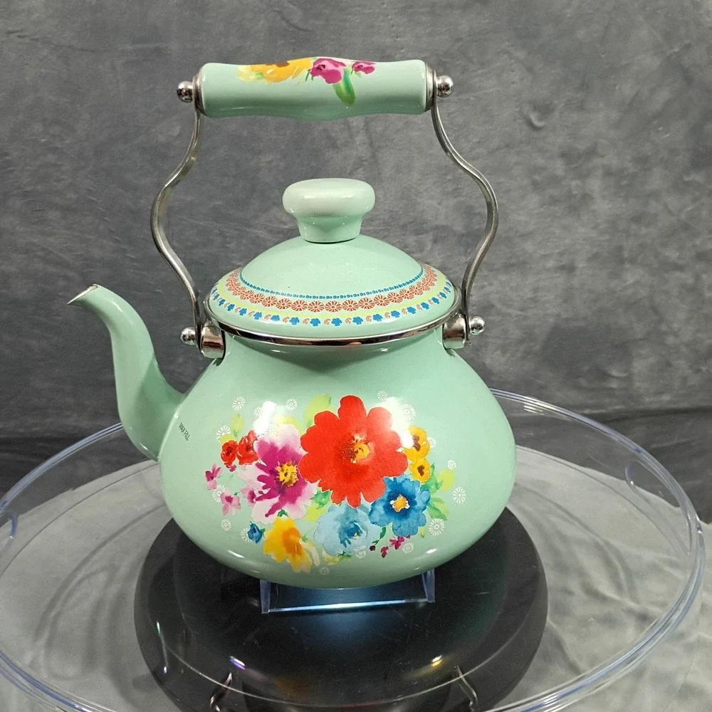 Pioneer Woman Breezy Blossom Enamel on Steel Tea Kettle Mint Green Floral 1.9L